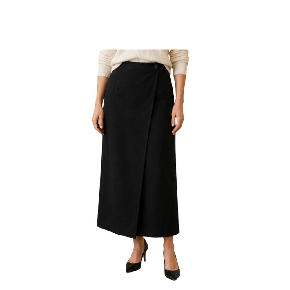 Norton McNaughton Wool Skirt Womens Size 14 Black Midi Faux Wrap Vintage 90s Zip